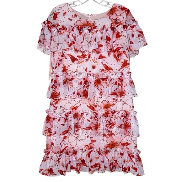 Badgley Mischka Pink Short Sleeve Tiered Floral Mini Runway Dress Size 10 Ruffle - Picture 1 of 13